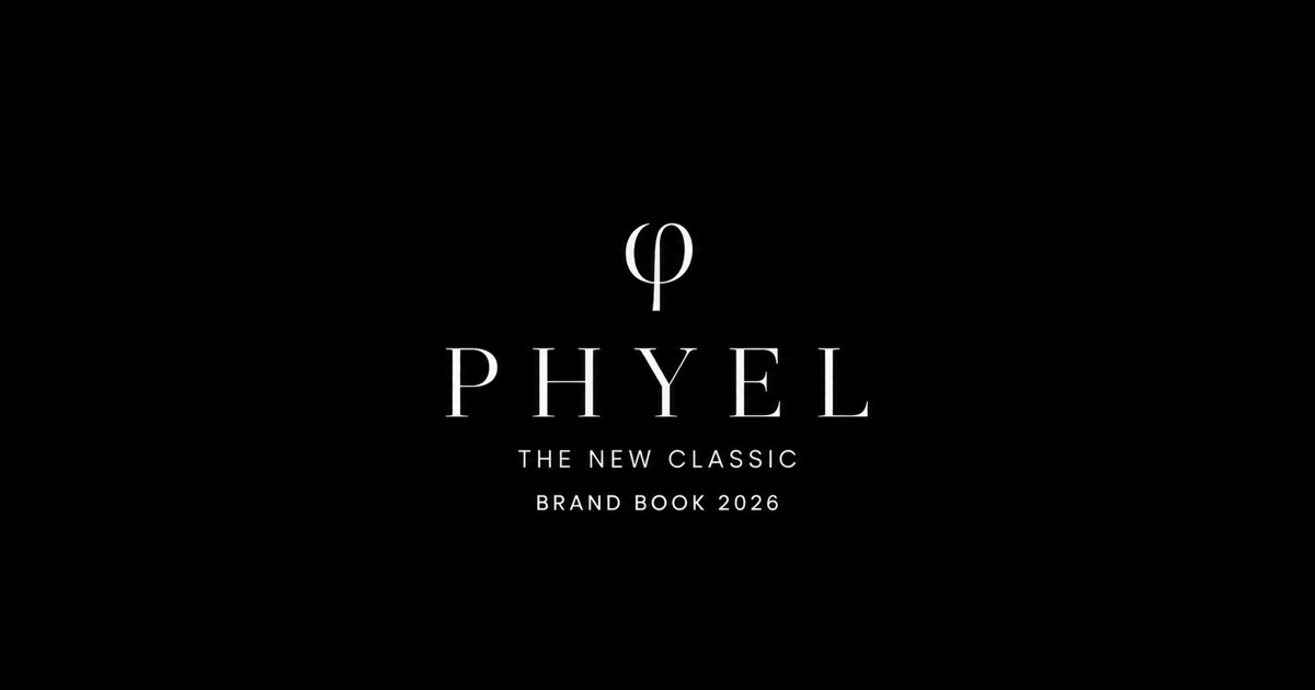 PHYEL Brand Book 2026, couverture noire avec symbole phi et lettrage PHYEL blancs